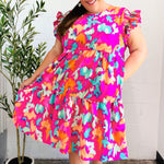 Look of Love Fuchsia Abstract Floral Print Smocked Ruffle Sleeve Dress