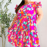 Look of Love Fuchsia Abstract Floral Print Smocked Ruffle Sleeve Dress