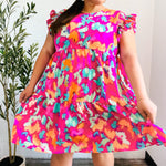 Look of Love Fuchsia Abstract Floral Print Smocked Ruffle Sleeve Dress