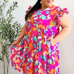 Look of Love Fuchsia Abstract Floral Print Smocked Ruffle Sleeve Dress