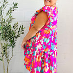 Look of Love Fuchsia Abstract Floral Print Smocked Ruffle Sleeve Dress