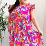 Look of Love Fuchsia Abstract Floral Print Smocked Ruffle Sleeve Dress