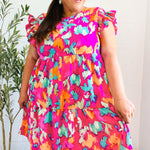 Look of Love Fuchsia Abstract Floral Print Smocked Ruffle Sleeve Dress