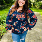 Lovely In Navy Floral Print Smocked Bubble Sleeve Woven Top