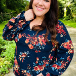 Lovely In Navy Floral Print Smocked Bubble Sleeve Woven Top