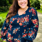 Lovely In Navy Floral Print Smocked Bubble Sleeve Woven Top