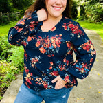 Lovely In Navy Floral Print Smocked Bubble Sleeve Woven Top