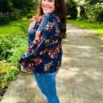 Lovely In Navy Floral Print Smocked Bubble Sleeve Woven Top