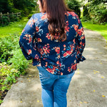 Lovely In Navy Floral Print Smocked Bubble Sleeve Woven Top