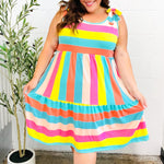 Start The Day Rainbow Stripe Shoulder Tie Tiered Dress