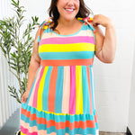 Start The Day Rainbow Stripe Shoulder Tie Tiered Dress