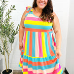 Start The Day Rainbow Stripe Shoulder Tie Tiered Dress