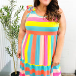 Start The Day Rainbow Stripe Shoulder Tie Tiered Dress