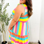 Start The Day Rainbow Stripe Shoulder Tie Tiered Dress