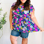 Perfectly You Navy & Lilac Floral Print Ruffle Sleeve Babydoll Top