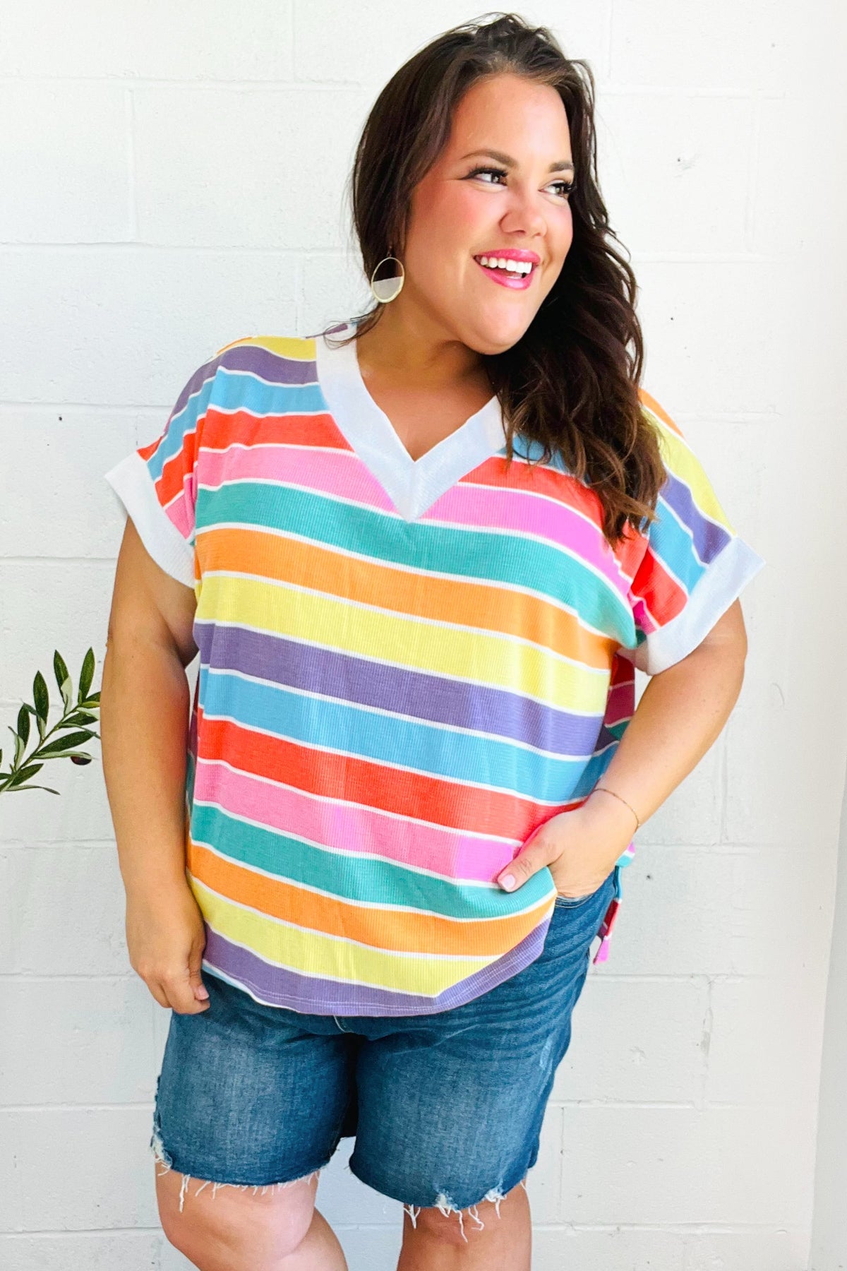 Sieze The Day Rainbow Striped V Neck Drop Shoulder Thermal Knit Top