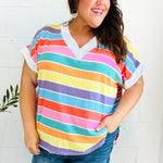 Sieze The Day Rainbow Striped V Neck Drop Shoulder Thermal Knit Top