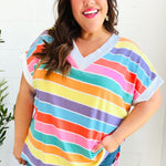 Sieze The Day Rainbow Striped V Neck Drop Shoulder Thermal Knit Top