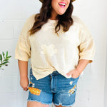 Feel Charming Oatmeal Floral Netted Crochet 3/4 Sleeve Sweater Top