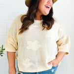 Feel Charming Oatmeal Floral Netted Crochet 3/4 Sleeve Sweater Top