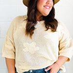 Feel Charming Oatmeal Floral Netted Crochet 3/4 Sleeve Sweater Top