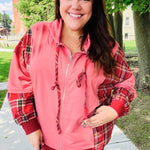 Adorable in Marsala Plaid Color Block Zipper French Terry Hoodie