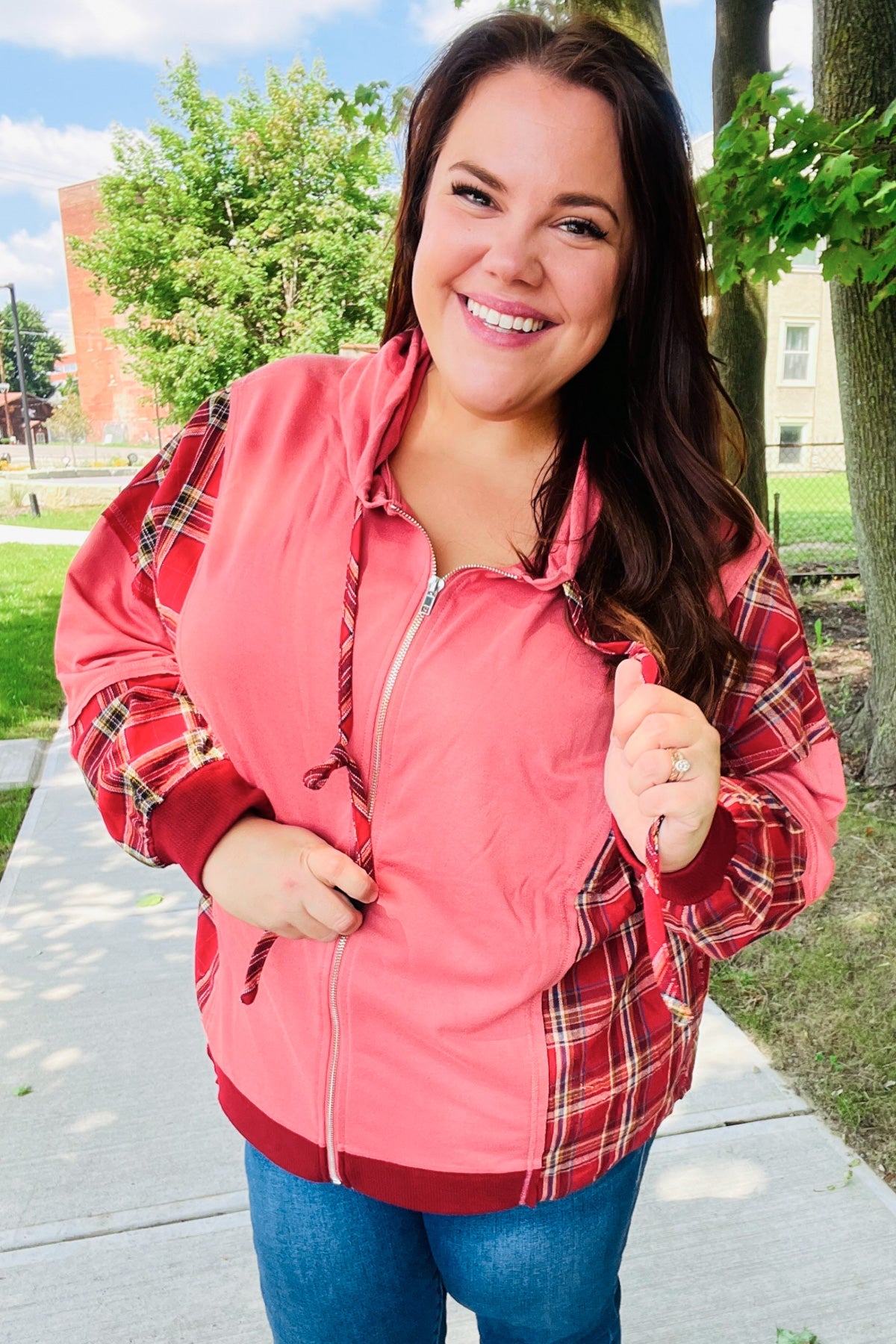 Adorable in Marsala Plaid Color Block Zipper French Terry Hoodie