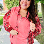 Adorable in Marsala Plaid Color Block Zipper French Terry Hoodie