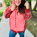 Adorable in Marsala Plaid Color Block Zipper French Terry Hoodie