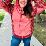 Adorable in Marsala Plaid Color Block Zipper French Terry Hoodie