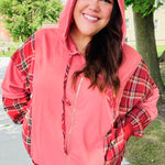 Adorable in Marsala Plaid Color Block Zipper French Terry Hoodie