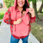 Adorable in Marsala Plaid Color Block Zipper French Terry Hoodie