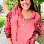 Adorable in Marsala Plaid Color Block Zipper French Terry Hoodie