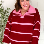 Fall For You Crimson Stripe Notched Neck Collared Oversized Sweater