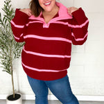 Fall For You Crimson Stripe Notched Neck Collared Oversized Sweater