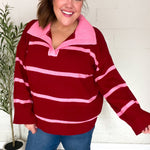 Fall For You Crimson Stripe Notched Neck Collared Oversized Sweater