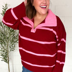 Fall For You Crimson Stripe Notched Neck Collared Oversized Sweater