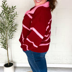 Fall For You Crimson Stripe Notched Neck Collared Oversized Sweater