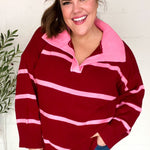 Fall For You Crimson Stripe Notched Neck Collared Oversized Sweater