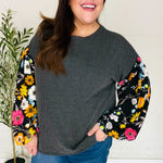 Diva Dreams Black Floral Bubble Sleeve Rib Mineral Wash Top