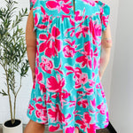 Diva Dreaming Aqua & Fuchsia Floral Print Tiered Ruffle Sleeve Dress