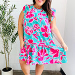 Diva Dreaming Aqua & Fuchsia Floral Print Tiered Ruffle Sleeve Dress