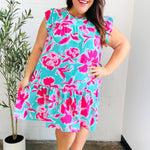 Diva Dreaming Aqua & Fuchsia Floral Print Tiered Ruffle Sleeve Dress