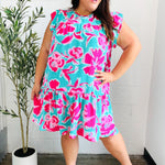 Diva Dreaming Aqua & Fuchsia Floral Print Tiered Ruffle Sleeve Dress