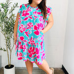 Diva Dreaming Aqua & Fuchsia Floral Print Tiered Ruffle Sleeve Dress