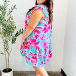 Diva Dreaming Aqua & Fuchsia Floral Print Tiered Ruffle Sleeve Dress