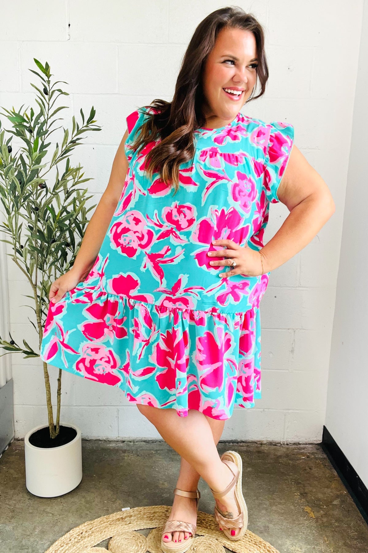 Diva Dreaming Aqua & Fuchsia Floral Print Tiered Ruffle Sleeve Dress