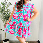 Diva Dreaming Aqua & Fuchsia Floral Print Tiered Ruffle Sleeve Dress