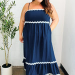 Bold & Sassy Navy Square Neck Ric Rac Trim Adjustable Straps Maxi