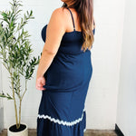 Bold & Sassy Navy Square Neck Ric Rac Trim Adjustable Straps Maxi